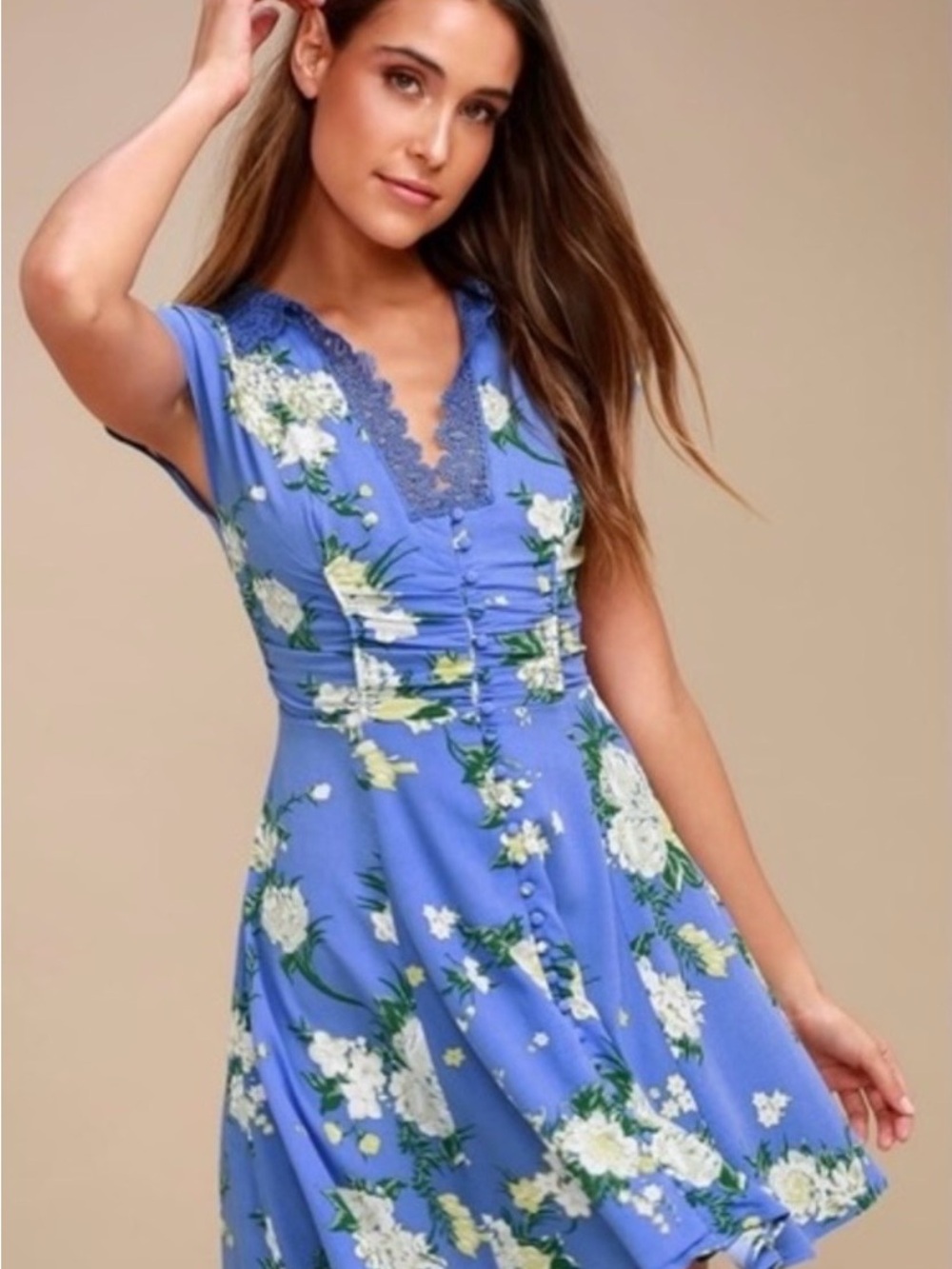Free People Alora Blue Floral Lace-Trim Slip mini cap sleeve Dress size 2